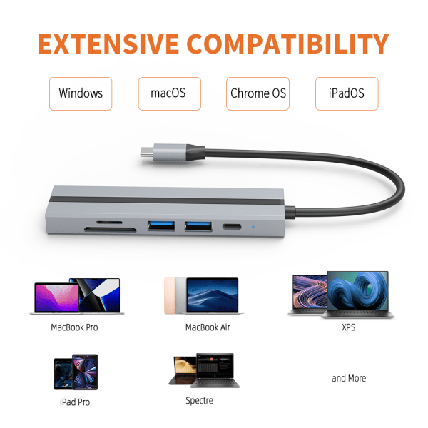 6-in-1 USB C -keskitin SD/TF-kortinlukijalla, USB 3.0/2.0 -porti