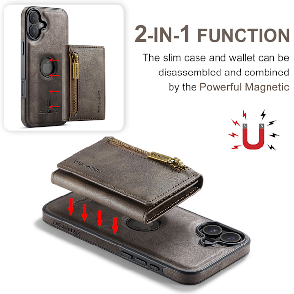 2-in-1 magneettinen puhelinkotelo iPhone 16 Prolle - Kahvi
