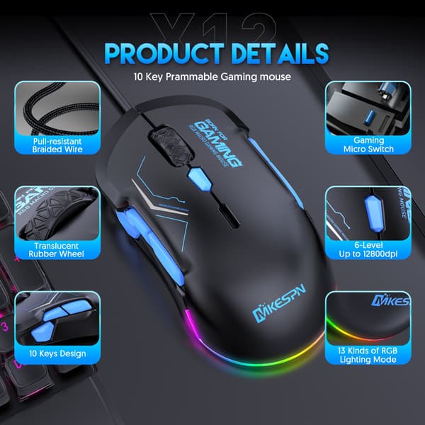 10-knaps RGB kablet mus med høj DPI og tilpasselig belysning Sort + blå