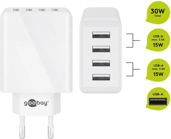 USB-A-moniporttilaturi (30 W) valkoinen