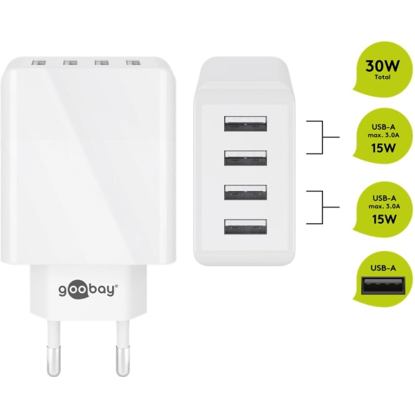 USB-A multiport laddare (30 W) vit