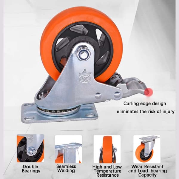 Medium Industrial Caster Wheels 4-Pack - Orange Polyurethane Double-Axle Silent Heavy-Load Casters