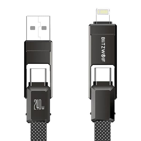 4-i-1 USB-kabel til opladning og data 240W til smartphone, tablet og laptop, 1,2 m nylonflet, sort - BlitzWolf BW-HDC7
