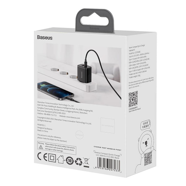 Baseus kompakt snabbladdare, USB, USB-C, 20W (svart)