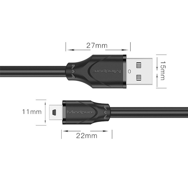 USB 2.0 til Mini 5-Pin T-Port Data- og Opladerkabel til Android MP3 - Sort 3 m 3 m