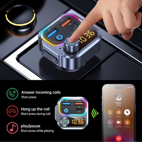 Bil Bluetooth MP3-sender med PD30W USB-C-oplader og dual USB 5V/2.4A, Bluetooth 5.3, MP3 WMA WAV-understøttelse, 12V-24V