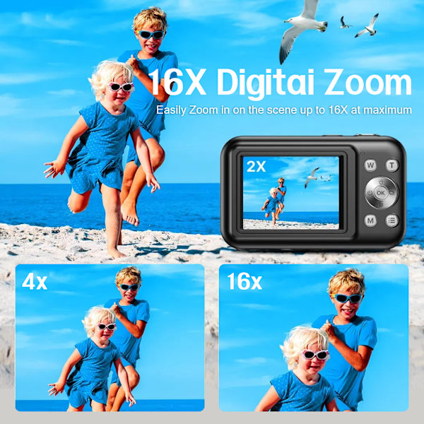 Digikamera 1080P, 44MP, 16x zoom, 2,4 tuuman näyttö Sininen