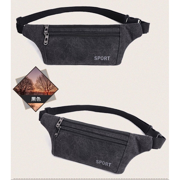 Midjeväska i canvas med ficka - Fannypack för utomhussporter Svart