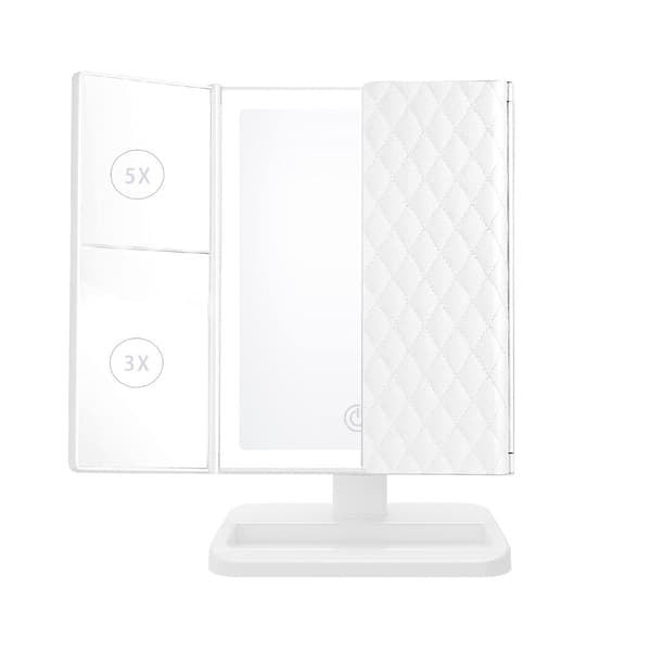 LED Sminkspegel - Läderdesign, USB/Batteridriven, Tri-Fold Sminkbordsspegel Vit