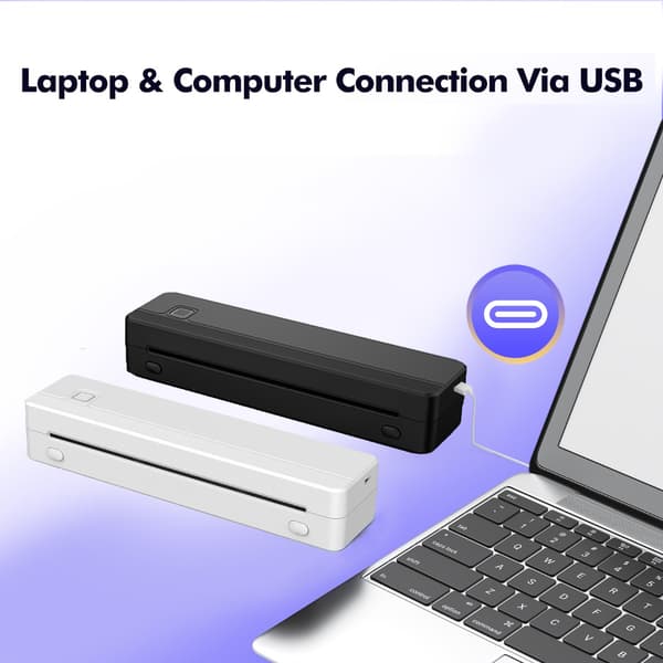 A4 termisk mini-printer med Bluetooth, blækfri udskrivning, kompakt format og understøttelse af iOS, Android, Windows og macOS White White