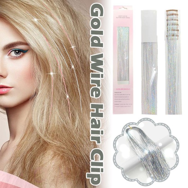 Tinsel Hair 6-pack Clip i hårförlängningar Laser Gold Wire Shiny Silver