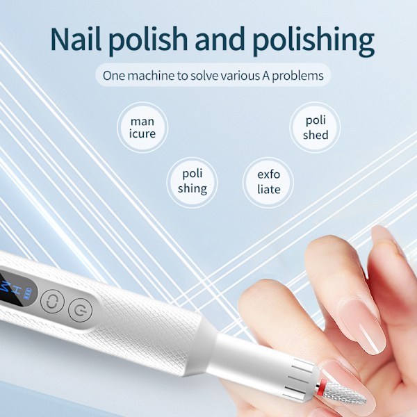 Portabel elektrisk nagelborr för akrylnaglar, uppladdningsbart manikyr- och pedikyrverktyg Vit