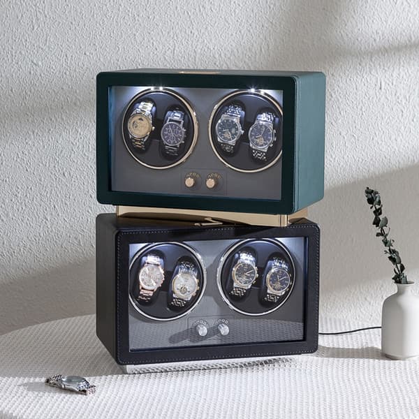 Urvikler til automatiske ure - dobbelt stand, fire hoveder, PU-læder, USB-C strøm, LED-omgivelseslys, 5 rotationsindstillinger Black Black