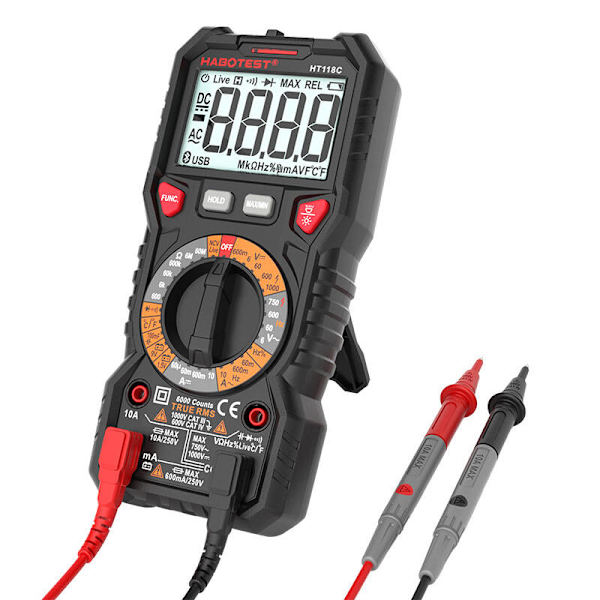 Digital multimeter med ficklampa Habotest HT118C, True RMS, NCV, batteritestning