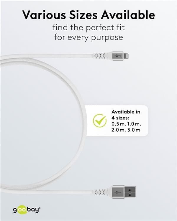 Lightning USB-A superblødt tekstilkabel med metalstik, 0,5 m, hvid