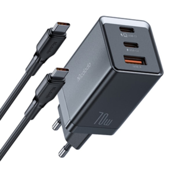 GaN Mcdodo CH-1543 nätverksladdare, 2x USB-C, 1x USB, 67W + USB-C till USB-C 2m kabel (svart)