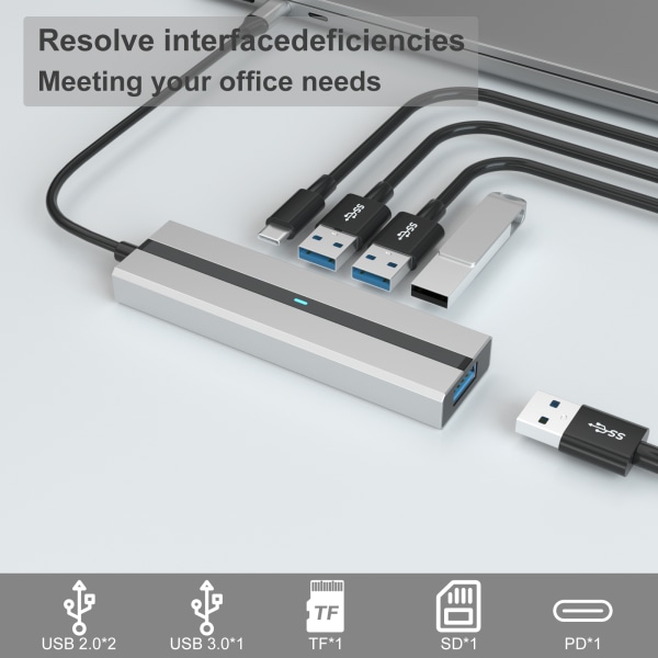 5-i-1 USB C Hub med SD/TF-kortläsare USB 3.0/2.0-portar