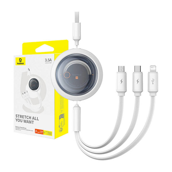 Snabbladdningskabel 3in1 Baseus Free2Draw, USB till micro USB+USB-C+Lightning, 3,5A, 1,1m (vit)