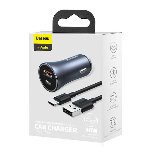 Ładowarka samochodowa Baseus Golden Contactor Pro, USB + USB-C, QC4.0+, PD, SCP, 40W (szara) + USB-kabel till USB-C 1m (