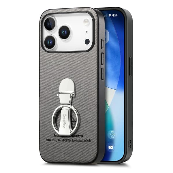 Grått PU Läder Fodral Kompatibelt med iPhone 17 med 360° Roterande Ringstativ för Säkert Grepp