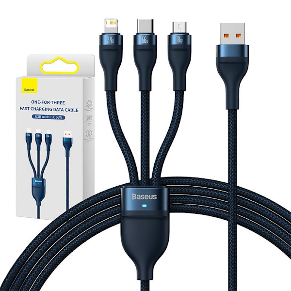 3-i-1 USB-kabel Baseus USB 3-i-1 Baseus Flash-serie, USB-C + Micro + Lightning 66W, 1,2 m (blå)