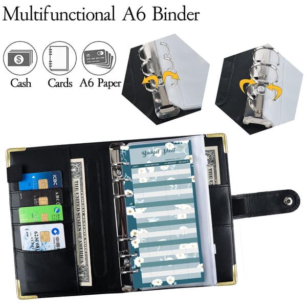Daisy Black A6 PU Læder Budget Binder med Tilbehør