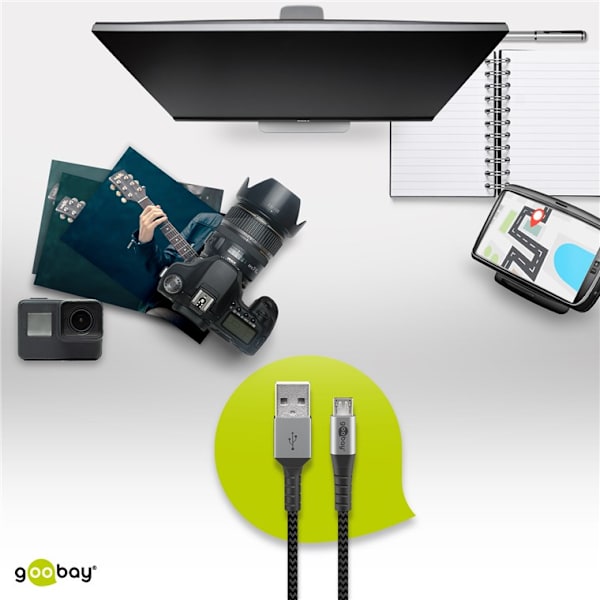 Mikro USB til USB-A tekstilkabel med metalstik 2 m