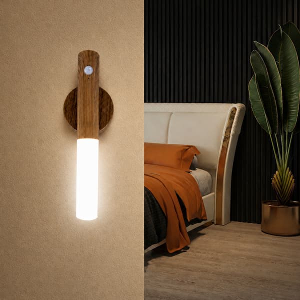 Magnetisk vägglampa med rörelsesensor, mörk träådring, tre ljusfärger och uppladdningsbart 300 mAh-batteri