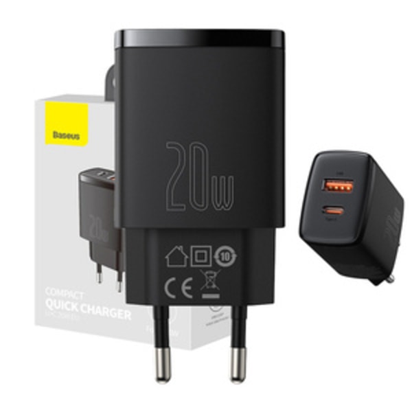 Baseus kompakt snabbladdare, USB, USB-C, 20W (svart) Svart