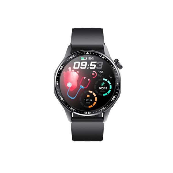 Smartwatch med EKG, pulsmåler, blodtryksmåler og skridttæller Sort silikone rem