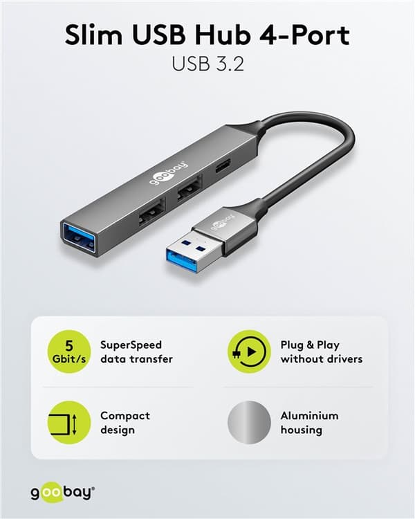 Ohut USB-keskitin 4 portilla, USB-A - USB-C™/USB-A, 5 Gbit/s
