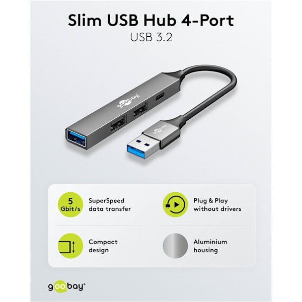 Slim 4-ports USB-hub, USB-A til USB-C™/USB-A, 5 Gbit/s