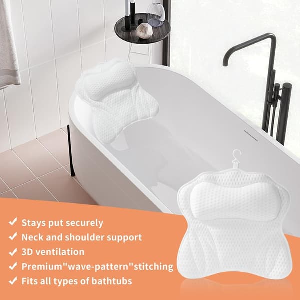 Tvättbar 3/4D luftmesh badkudde med sugproppar, polyesterfylld badkudde för spa och nackstöd, vit, 39cm x 20cm x 9cm
