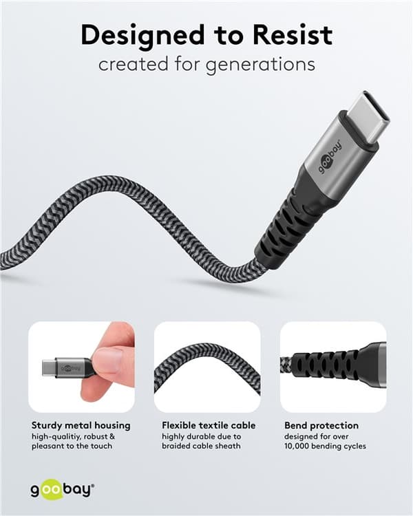 USB-C™-tekstiilikaapeli, 60 W, Power Delivery, 1,5 m, musta;harmaa