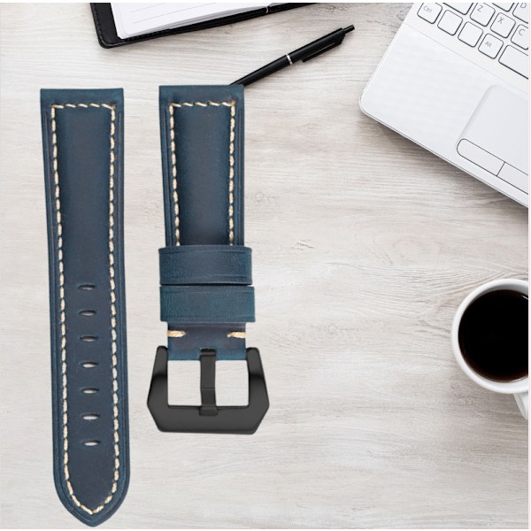 Klockarmband i äkta läder Blå 22 mm