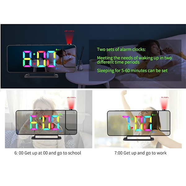 INF Projektorikello digitaalikello RGB-valo 6 kirkkauden 180° kääntyvä projektori Valkoinen
