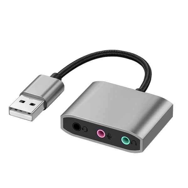 USB Dubbel Hål Extern Ljudkort Ljudkabel, USB till 3.5mm Audio Adapter för PC, Bärbar Dator, Silver