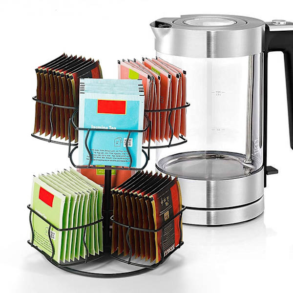 Tepåsarrangör, kaffepåse snurrande karusell med 6 fack Svart