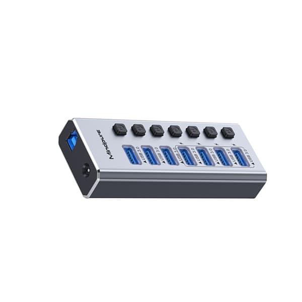 USB 3.0-hub med 7 porte, individuelle afbrydere, op til 5 gbps, 12 v/4 a og BC1.2-opladning