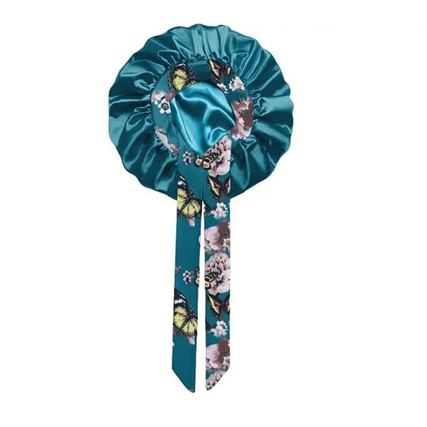 Satin Blommigt Tryck Sovmössa med Bred Kant och Band - Extra Stor Bonnet Blue Blue