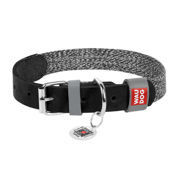 Hundhalsband av naturläder och återvunnet material med QR-kod Waudog storlek L, bredd 25 mm, svart