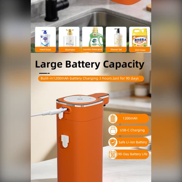 M20 touchfri sæbedispenser – automatisk håndsæbe til køkken og badeværelse med 0,3s sensor, LED-display, USB genopladelig, multifunktions væskestøtte Orange