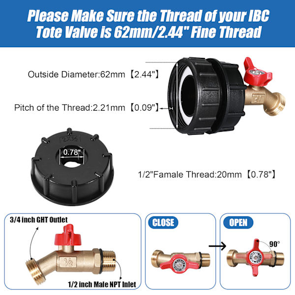 IBC Tote Tank Adapter Set med mässingskran och tillbehör