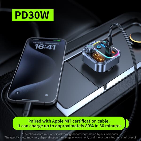 Bil Bluetooth MP3-sender med PD30W USB-C-oplader og dual USB 5V/2.4A, Bluetooth 5.3, MP3 WMA WAV-understøttelse, 12V-24V
