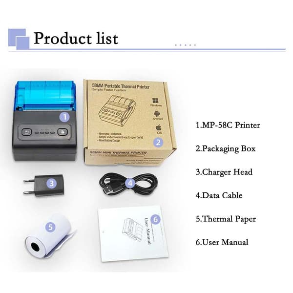 58mm USB + Bluetooth termisk kvitteringsprinter til POS, køkken og mobil udskrivning Black+Blue Black+Blue