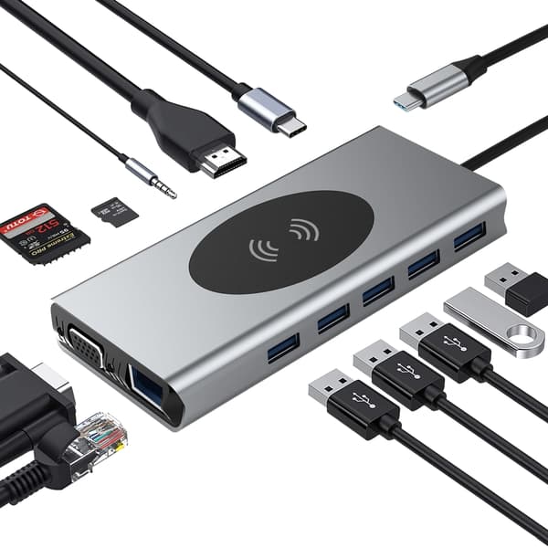 13-i-1 USB-C Hub med HDMI, VGA, Ethernet, SD-kortlæser og mere