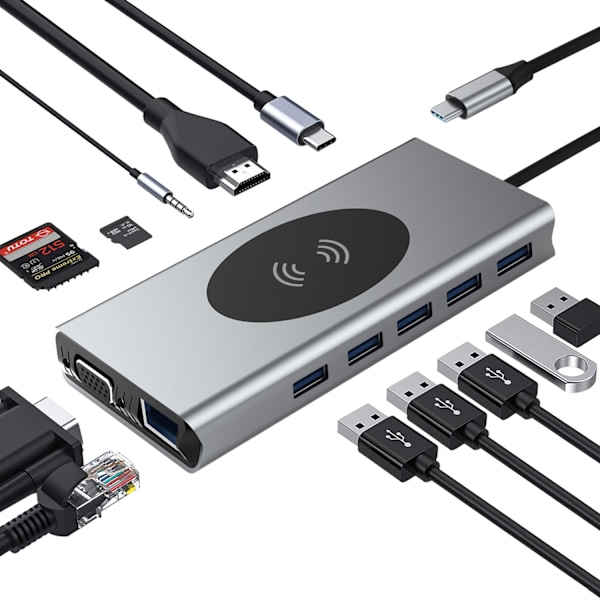 13-in-1 USB-C-keskitin HDMI:llä, VGA:lla, Ethernetillä, SD-kortinlukijalla ja muilla ominaisuuksilla