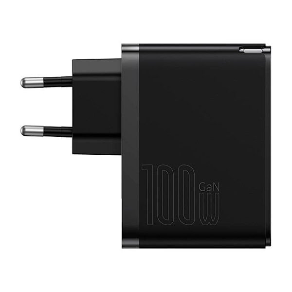 Väggladdare Baseus GaN USB-C + USB, 100W + 1m kabel (svart)