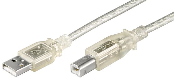 USB-A til USB-B kabel, 1,8 m, transparent