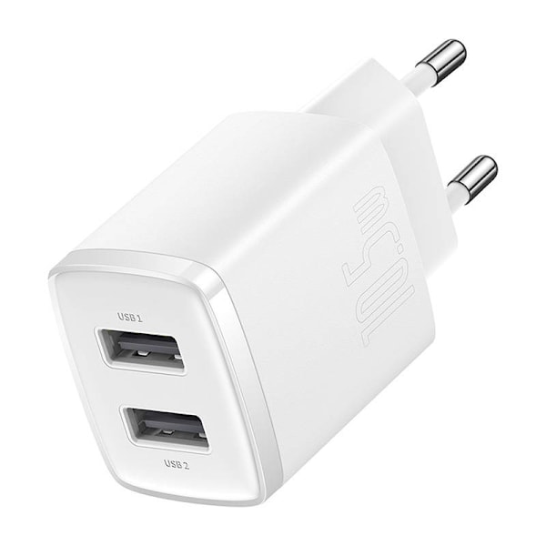 Baseus kompakt snabbladdare, 2x USB, 10,5W (vit)